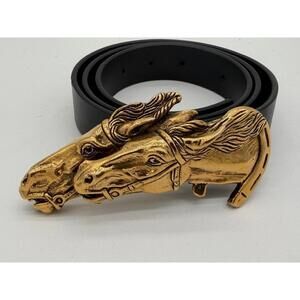Gucci Vintage 70’s Brass Double Horse Head Equestrian Racing Belt Buckle 29”